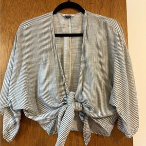 AE Blue Striped Open Front Tie Crop Top